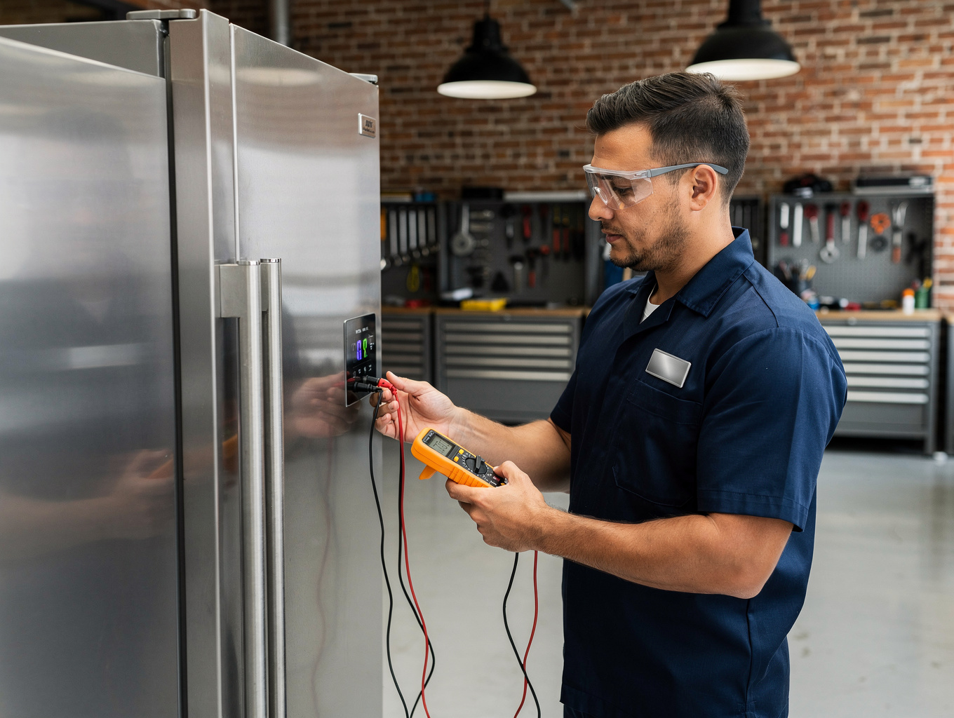 Technician inspecting a commercial-grade residential freezer evaporator fan