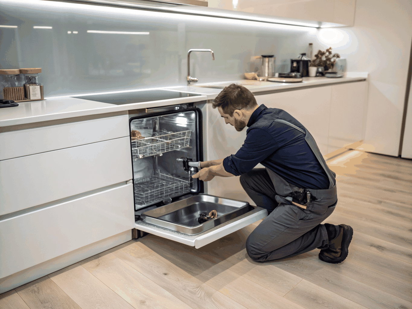 Built-in kitchen dishwasher pump and spray arm repair