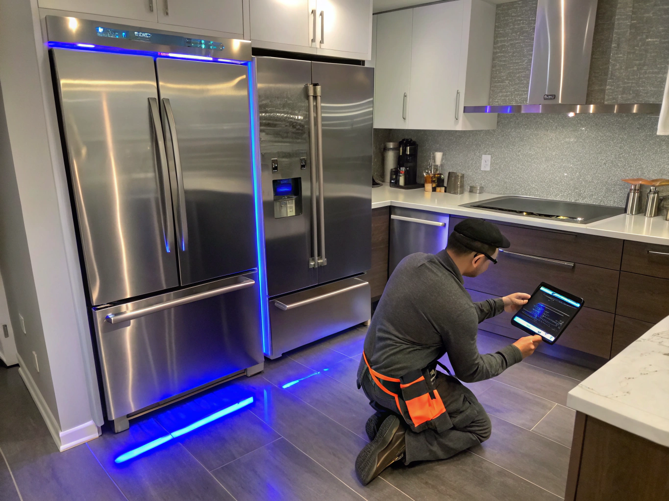 Modern Electrolux kitchen suite with refrigerator and oven in residential home