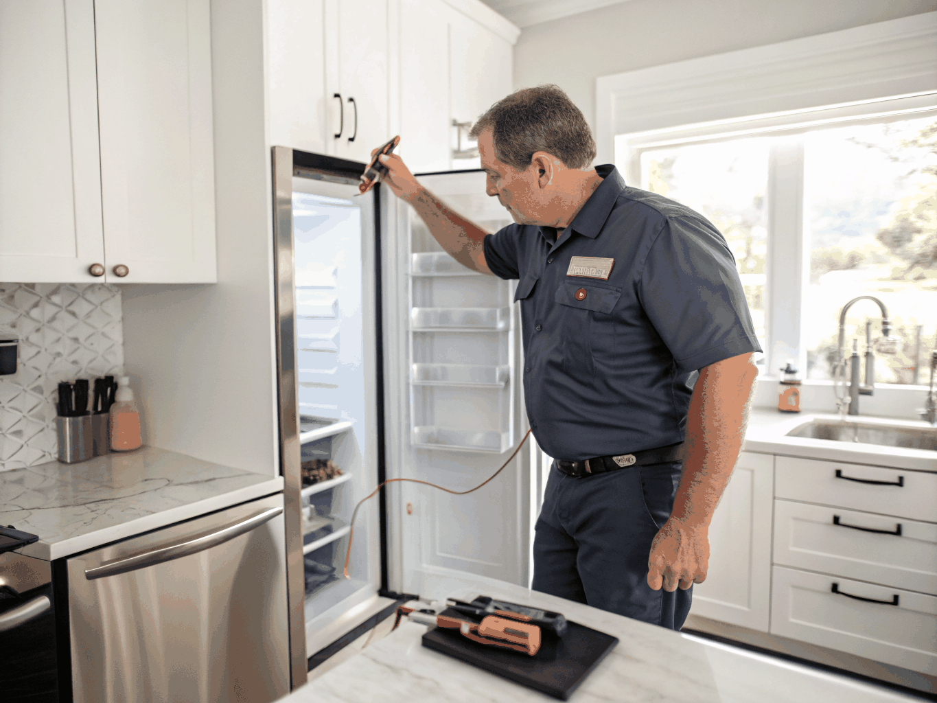 Appliance technician performing multimeter diagnostic on a home freezer unit in Jonesboro GA
