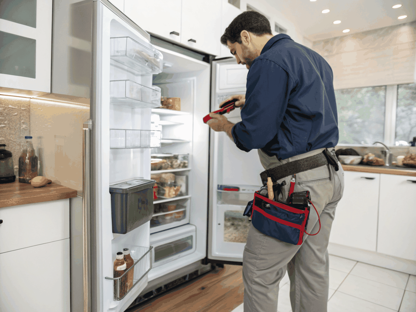 Technician inspecting a Frigidaire refrigerator