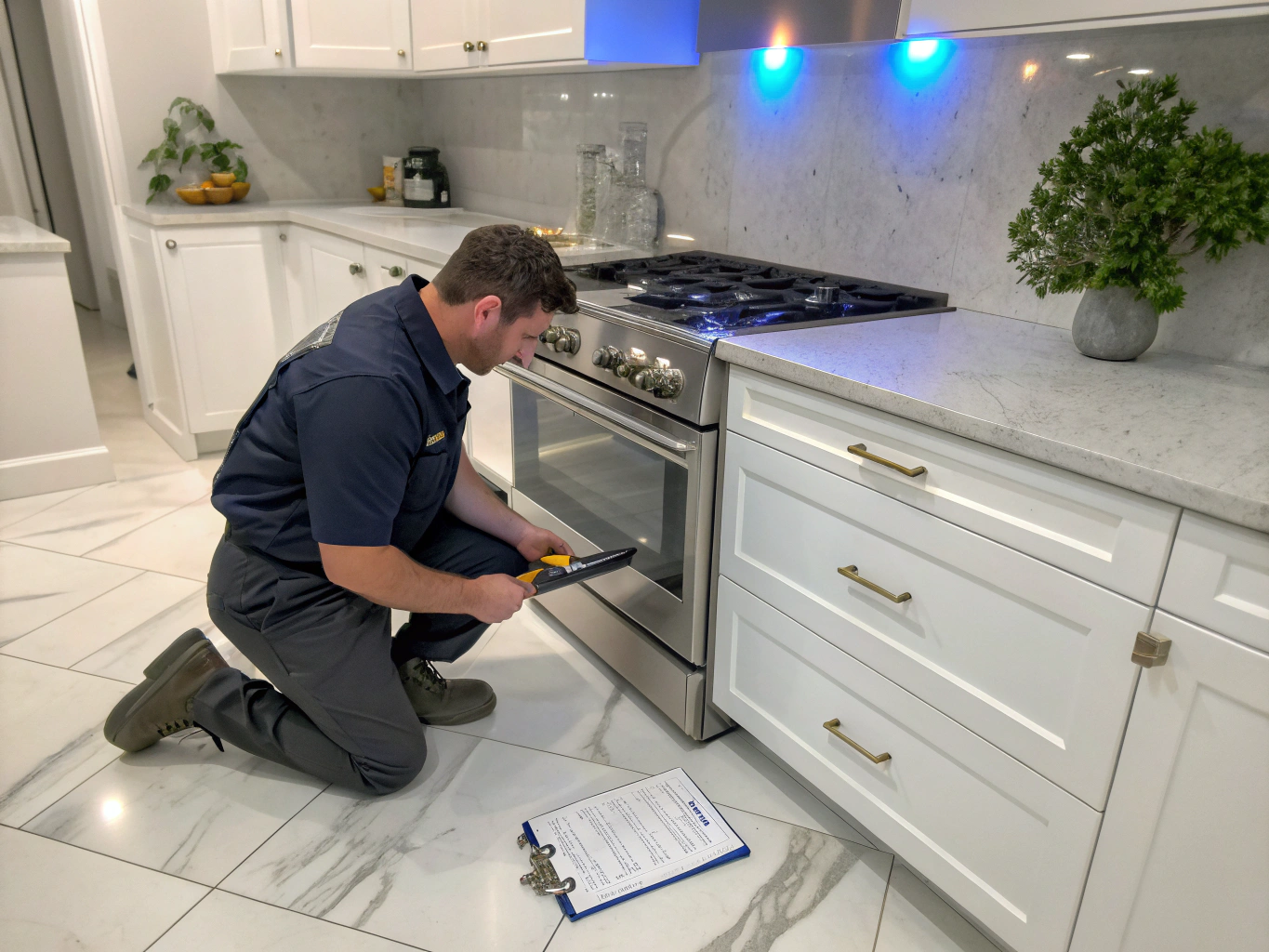 Certified technician servicing a residential gas stove burner and manifold
