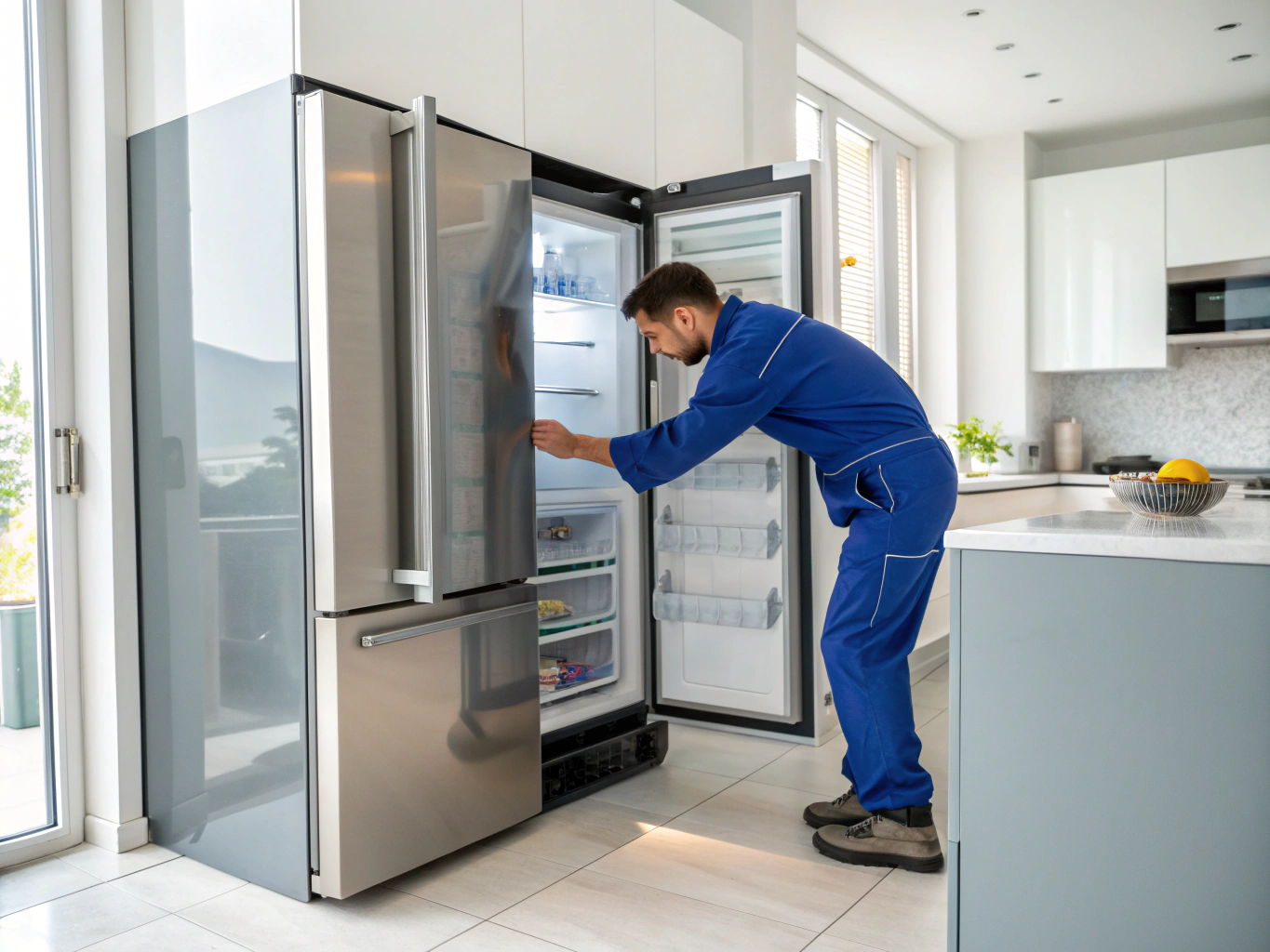 Technician inspecting a modern GE refrigerator sealed system