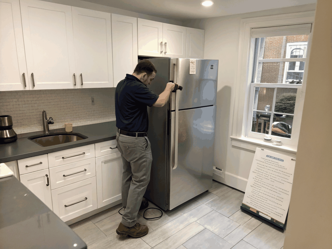 Technician repairing a Frigidaire stainless steel refrigerator in a modern kitchen