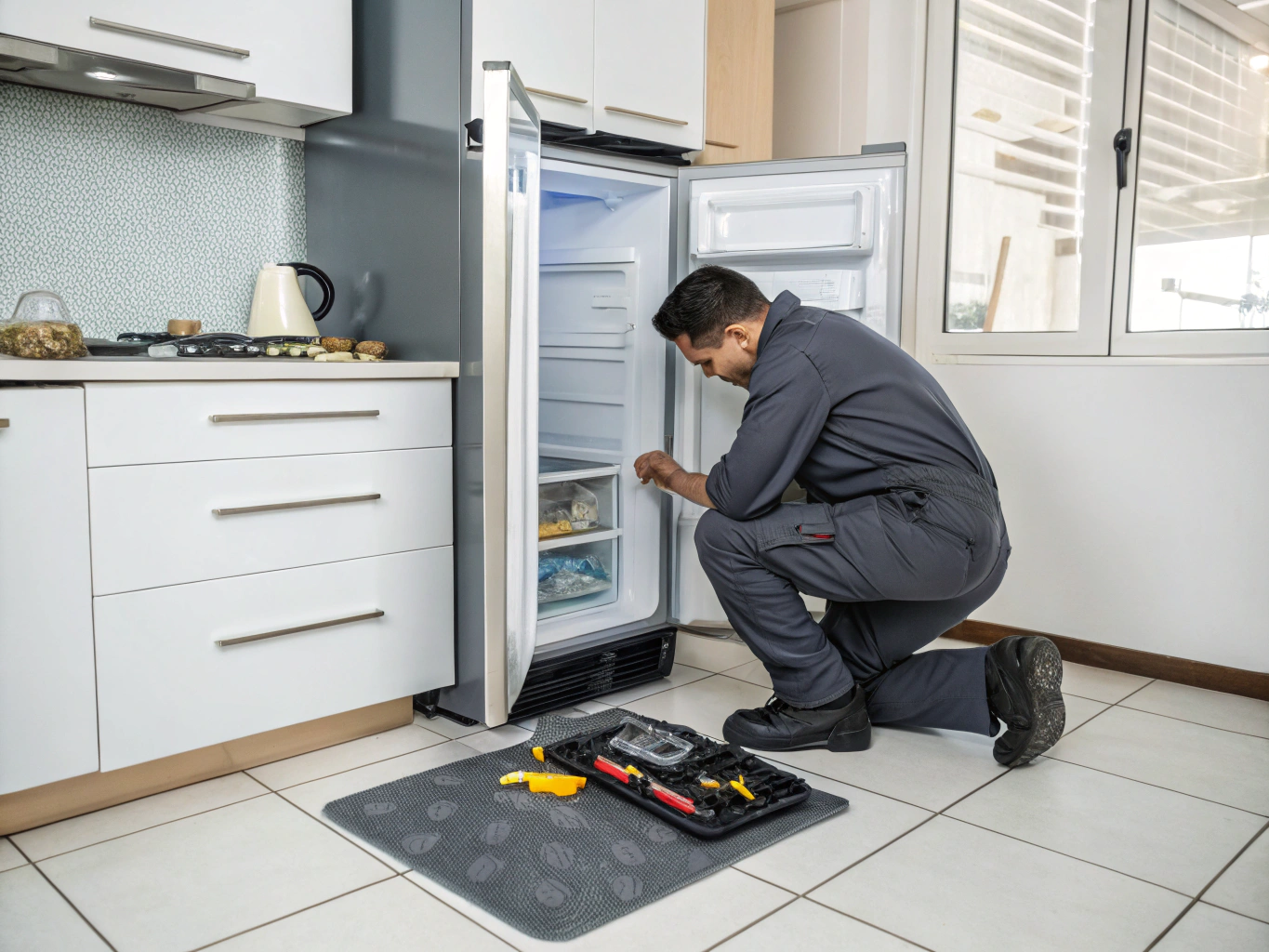 Technician repairing an LG stainless steel refrigerator in Jonesboro