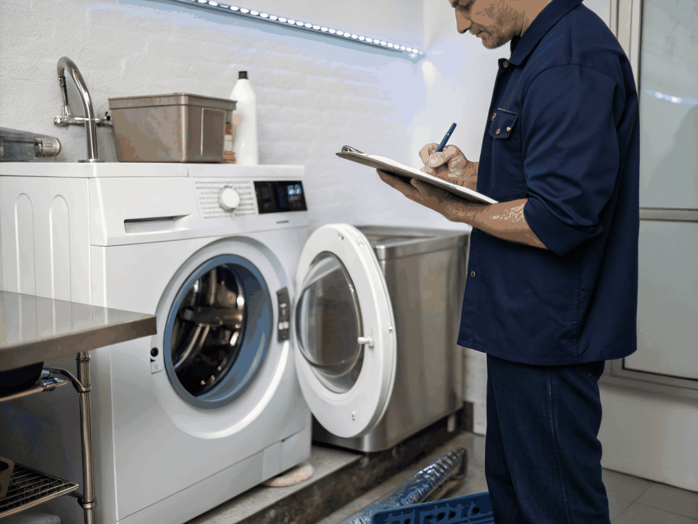 Front-load LG washing machine undergoing diagnostic inspection