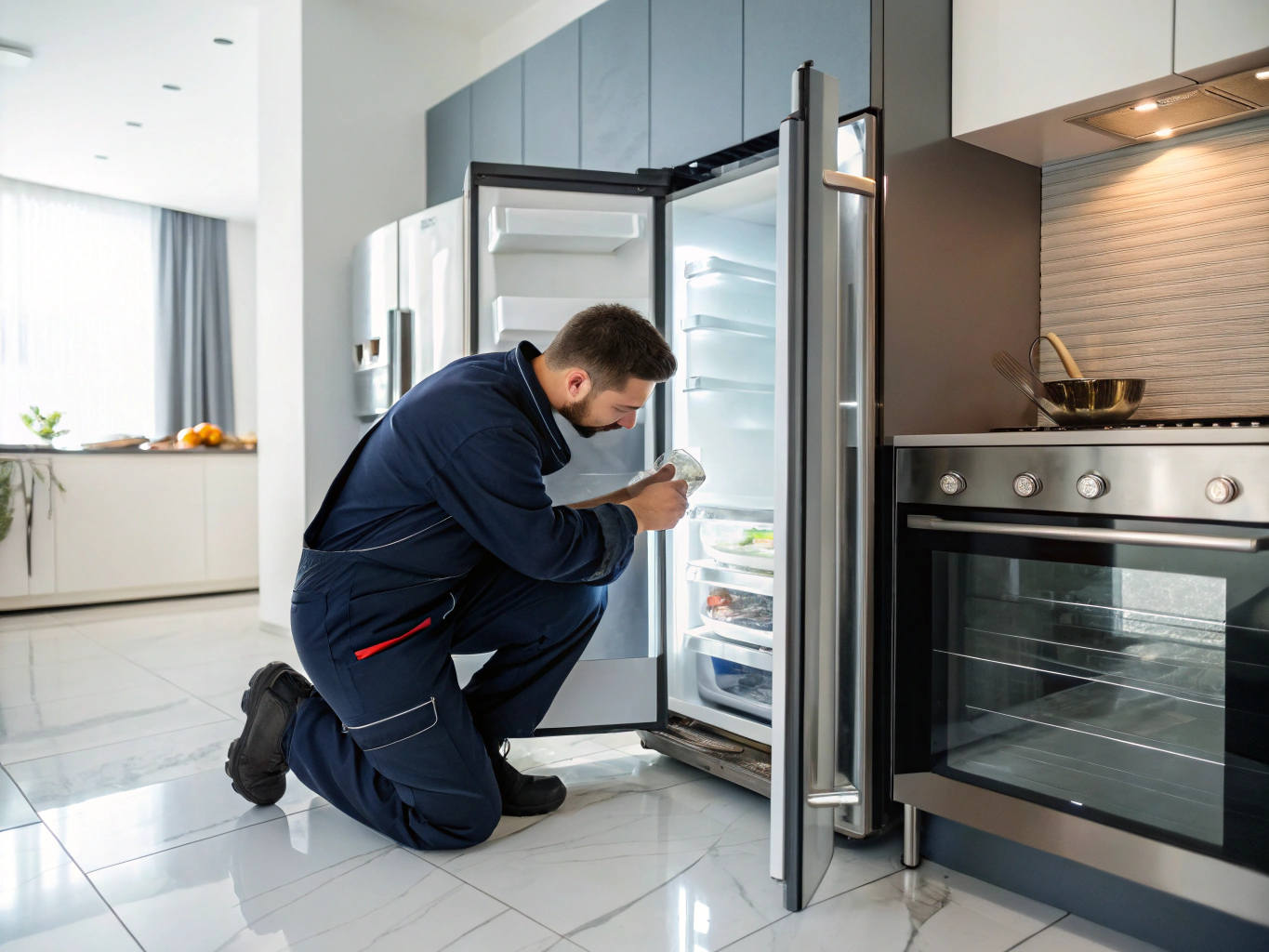 Technician repairing a modern Samsung smart refrigerator in Jonesboro GA