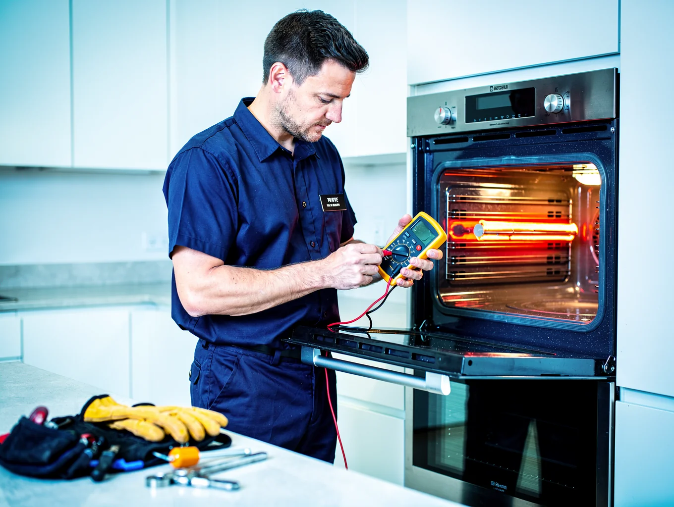 Appliance specialist testing an oven bake element and digital control board