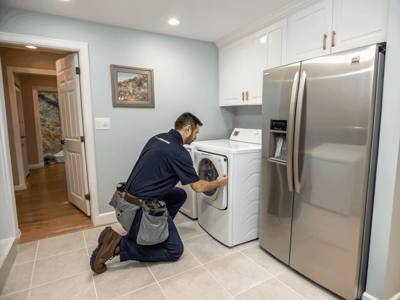 Appliance repair technician diagnosing a washing machine in Jonesboro GA