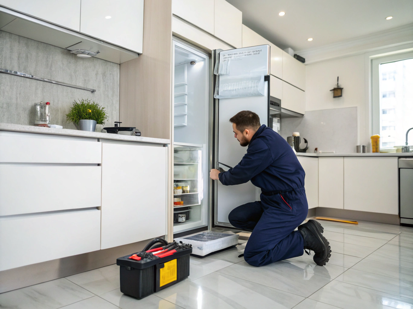 Technician inspecting a modern Whirlpool stainless steel refrigerator