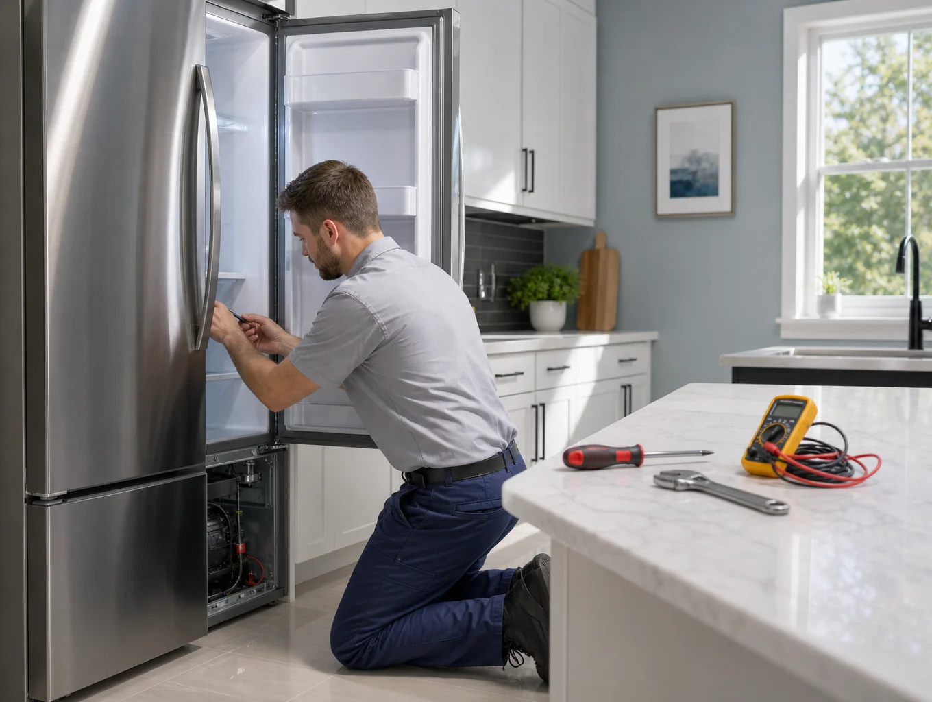 Certified appliance repair technician servicing a Whirlpool home appliance
