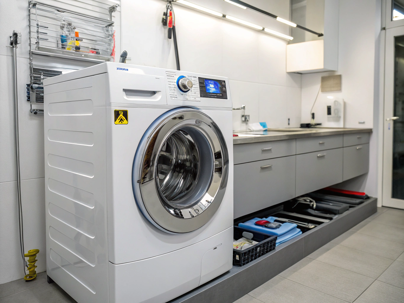 Front-loading Whirlpool washing machine being serviced